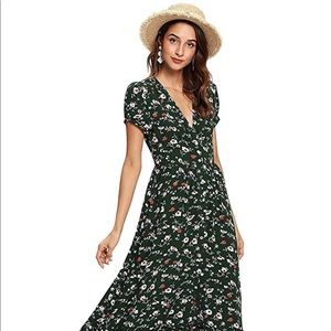 Women Floral Print Button Up Split Maxi Dress